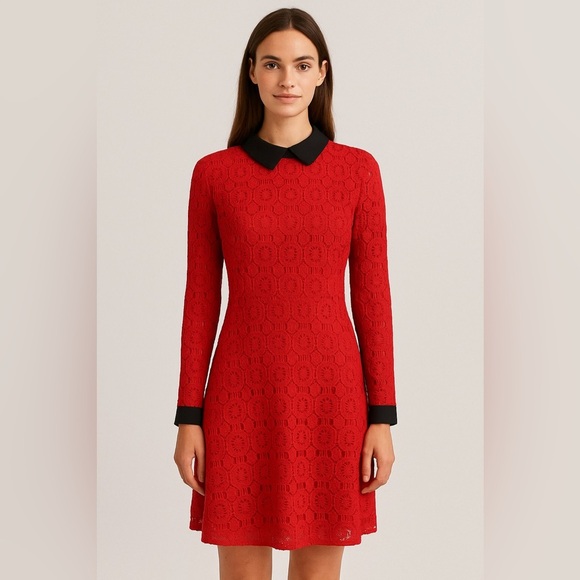 JessaKae Collared Long Sleeve Red Crochet/Lace Dress Size M - Picture 1 of 10